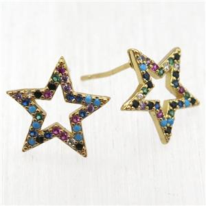 copper star Stud Earrings pave zircon, gold plated, approx 14mm dia [FN12554]