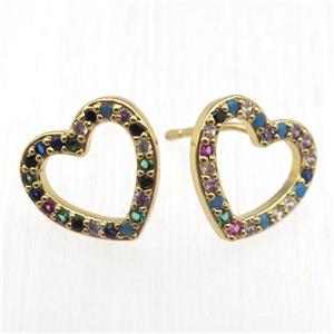 copper heart Stud Earrings pave zircon, gold plated, approx 14mm dia [FN12555]