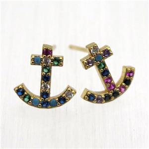 copper anchor Stud Earrings pave zircon, gold plated, approx 10mm [FN12556]
