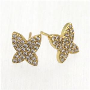 copper butterfly Stud Earrings pave zircon, gold plated, approx 9-10mm [FN12557]