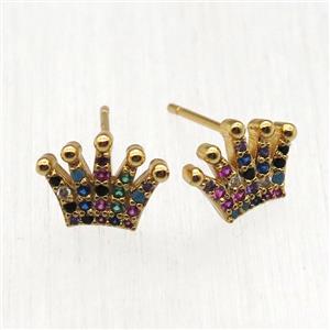 copper crown Stud Earrings pave zircon, gold plated, approx 8-12mm [FN12559]