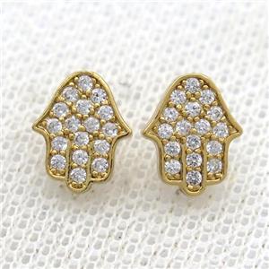 copper hamsahand Stud Earrings pave zircon, gold plated, approx 8-10mm [FN12560]