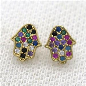 copper hamsahand Stud Earrings pave zircon, gold plated, approx 8-10mm [FN12561]