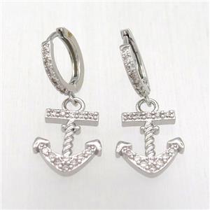 copper anchor Hoop Earrings pave zircon, platinum plated, approx 15-20mm, 14mm dia [FN12565]