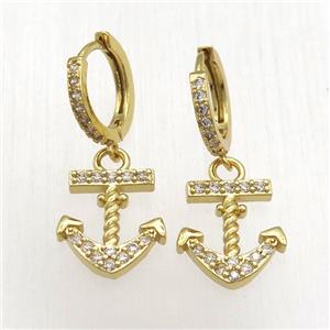 copper anchor Hoop Earrings pave zircon, gold plated, approx 15-20mm, 14mm dia [FN12566]