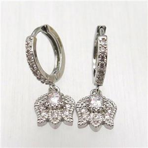 copper lotus Hoop Earrings pave zircon, platinum plated, approx 9mm, 14mm dia [FN12567]