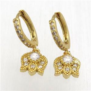 copper lotus Hoop Earrings pave zircon, gold plated, approx 9mm, 14mm dia [FN12568]