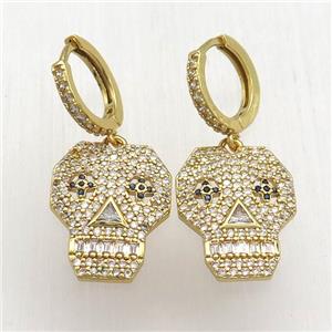 copper skull Hoop Earrings pave zircon, gold plated, approx 16-20mm, 14mm dia [FN12572]