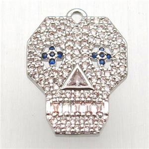 copper skull pendant pave zircon, platinum plated, approx 16-20mm [FN12573]