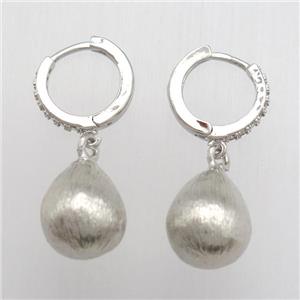 brushed copper teardrop Hoop Earrings pave zircon, platinum plated, approx 11-15mm, 14mm dia [FN12580]