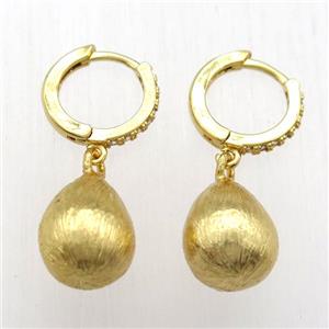 brushed copper teardrop Hoop Earrings pave zircon, gold plated, approx 11-15mm, 14mm dia [FN12581]