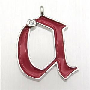 copper letter-A pendant pave zircon, red Enameling, platinum plated, approx 15-20mm [FN12589]