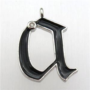copper letter-A pendant pave zircon, black Enameling, platinum plated, approx 15-20mm [FN12590]