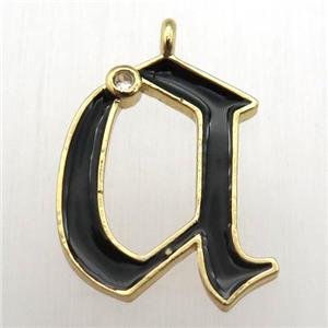 copper letter-A pendant pave zircon, black Enameling, gold plated, approx 15-20mm [FN12592]