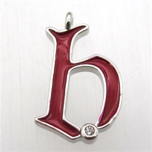 copper letter-B pendant pave zircon, red Enameling, platinum plated, approx 15-20mm [FN12593]