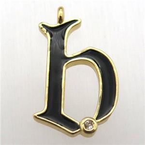 copper letter-B pendant pave zircon, black Enameling, gold plated, approx 15-20mm [FN12595]