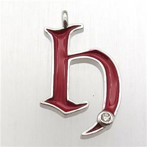 copper letter-H pendant pave zircon, red Enameling, platinum plated, approx 15-20mm [FN12596]