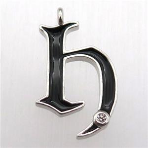 copper letter-H pendant pave zircon, black Enameling, platinum plated, approx 15-20mm [FN12597]