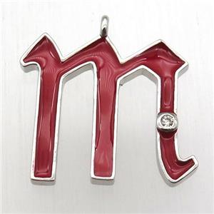 copper letter-M pendant pave zircon, red Enameling, platinum plated, approx 15-20mm [FN12600]