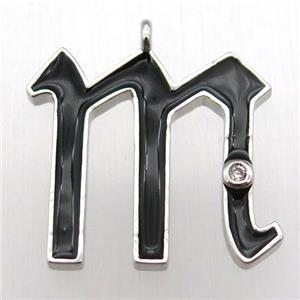 copper letter-M pendant pave zircon, black Enameling, platinum plated, approx 15-20mm [FN12601]