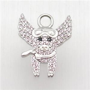 copper pig pendant paved zircon, platinum plated, approx 16-20mm [FN12644]