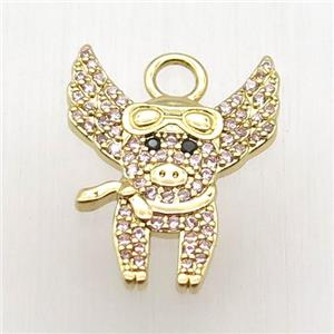 copper pig pendant paved zircon, gold plated, approx 16-20mm [FN12645]