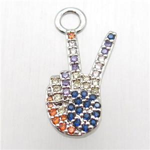 copper pendant paved zircon, win sign, platinum plated, approx 10-22mm [FN12647]