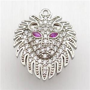 copper Lionhead pendant paved zircon, platinum plated, approx 20-25mm [FN12650]