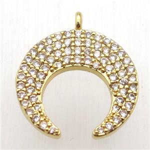 copper crescent moon pendant paved zircon, gold plated, approx 16mm dia [FN12667]