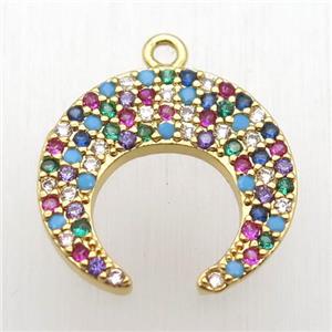 copper crescent moon pendant paved zircon, gold plated, approx 16mm dia [FN12668]
