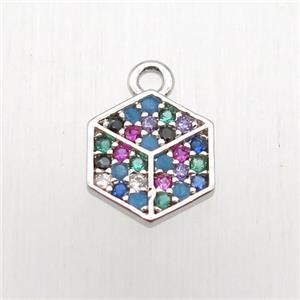 copper hexagon pendant paved zircon, platinum plated, approx 8mm [FN12672]