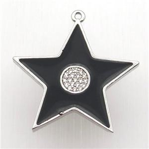 copper star pendant paved zircon, black enameling, platinum plated, approx 30mm dia [FN12706]