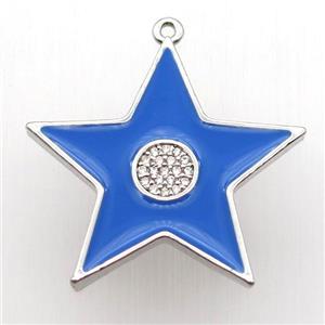 copper star pendant paved zircon, blue enameling, platinum plated, approx 30mm dia [FN12709]