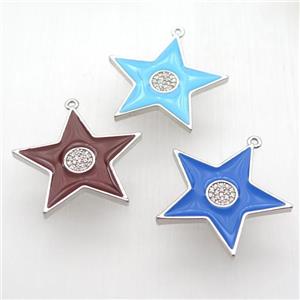 copper star pendant paved zircon, enameling, platinum plated, mixed, approx 30mm dia [FN12710]