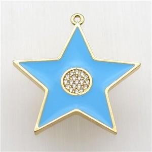 copper star pendant paved zircon, blue enameling, gold plated, approx 30mm dia [FN12713]