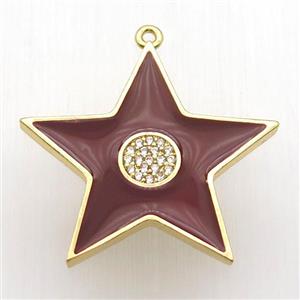 copper star pendant paved zircon, red enameling, gold plated, approx 30mm dia [FN12714]