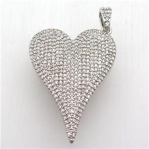 copper heart pendant paved zircon, platinum plated, approx 30-40mm [FN12720]