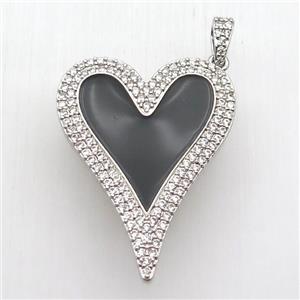 copper heart pendant paved zircon, black enameling, platinum plated, approx 30-40mm [FN12724]