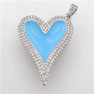 copper heart pendant paved zircon, blue enameling, platinum plated, approx 30-40mm [FN12725]
