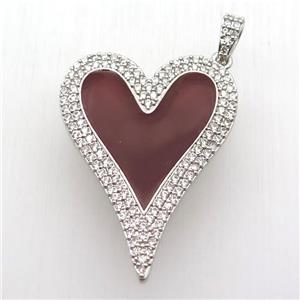 copper heart pendant paved zircon, red enameling, platinum plated, approx 30-40mm [FN12726]