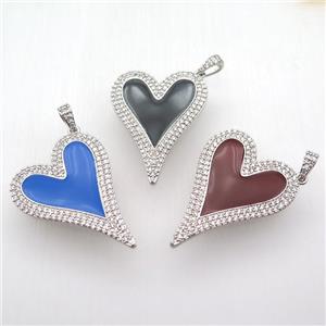 copper heart pendant paved zircon, enameling, platinum plated, mixed, approx 30-40mm [FN12728]