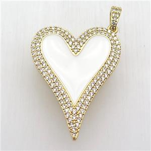 copper heart pendant paved zircon, white enameling, gold plated, approx 30-40mm [FN12729]