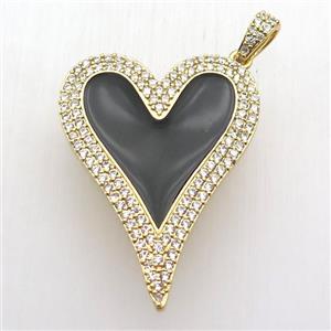 copper heart pendant paved zircon, black enameling, gold plated, approx 30-40mm [FN12730]
