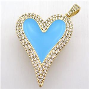 copper heart pendant paved zircon, blue enameling, gold plated, approx 30-40mm [FN12731]