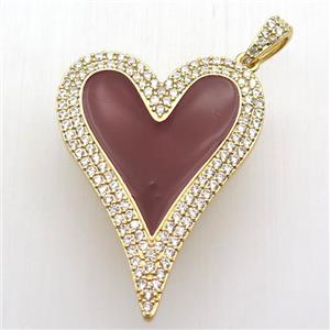copper heart pendant paved zircon, red enameling, gold plated, approx 30-40mm [FN12732]