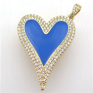 copper heart pendant paved zircon, blue enameling, gold plated, approx 30-40mm [FN12733]