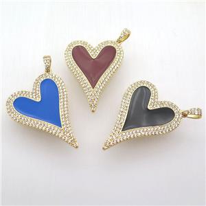 copper heart pendant paved zircon, enameling, gold plated, mixed, approx 30-40mm [FN12734]
