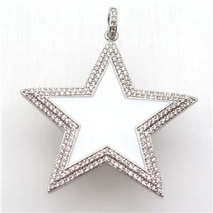 copper star pendant paved zircon, white enameling, platinum plated, approx 45mm dia [FN12735]