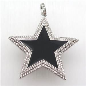 copper star pendant paved zircon, black enameling, platinum plated, approx 45mm dia [FN12736]