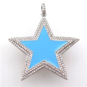 copper star pendant paved zircon, blue enameling, platinum plated, approx 45mm dia [FN12737]